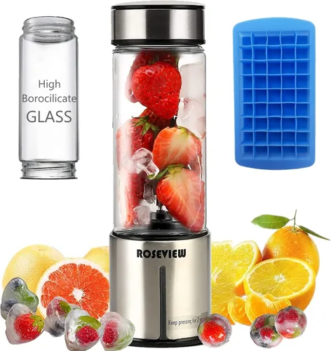 Miniatura 9 de Batidora portátil para batidos ROSEVIEW Botella de vidrio recargable por USB, mini batidos de hielo de mano, vaso de 2 mezclas, exprimidor