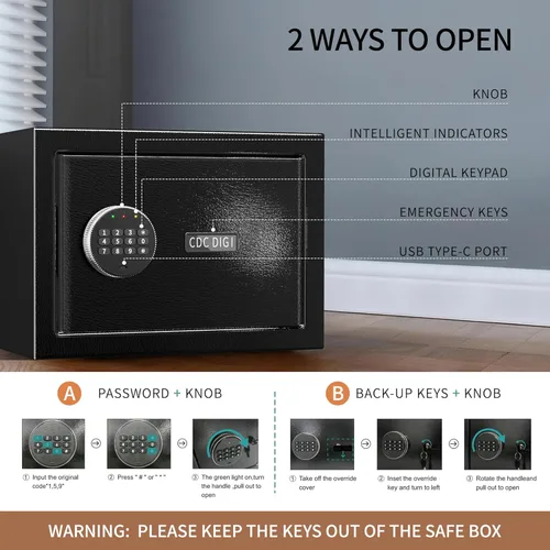 Miniatura 4 de Caja fuerte, caja fuerte de 1.2 pies cúbicos, caja de seguridad digital antirrobo con teclado electrónico y llave, cajas fuertes a prueba de fuego