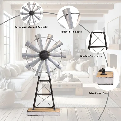 Miniatura 3 de Encantador molino de viento galvanizado alto, decoración de molino de viento de metal para estante de granja y sala de estar, añadiendo un toque