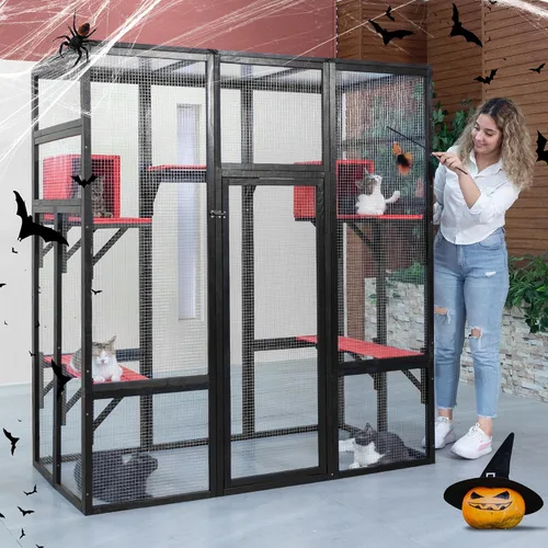 Miniatura 8 de Nyeekoy Refugio de gato al aire libre de madera grande de 71 pulgadas con perchas y condominios, casa para gatos con techo impermeable, refugio