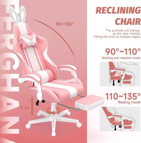 Miniatura 7 de Ferghana Kawaii Bunny Ears - Silla de juegos con reposapiés y masaje, silla ergonómica de cuero para juegos de computadora para niñas, adultos, Rosa