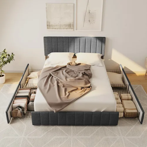 Miniatura 8 de Gizoon Estructuras de cama Full con 4 cajones de almacenamiento sobre ruedas y cabecero ajustable, se adapta a colchones de 6" a 12" pulgadas,