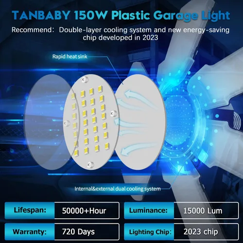 Miniatura 4 de TANBABY Luz LED mejorada para garaje, luz de techo LED deformable de 150 W, 15000 lm, E26/E27, iluminación de garaje con bombilla de 6+1 paneles