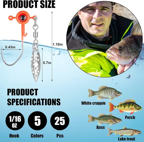 Miniatura 2 de Skylety Crappie - Juego de cabezas de plantilla de pesca Underspin, señuelo de gancho con bola de ojo y hoja giratoria, plantillas de cabeza de 1/16