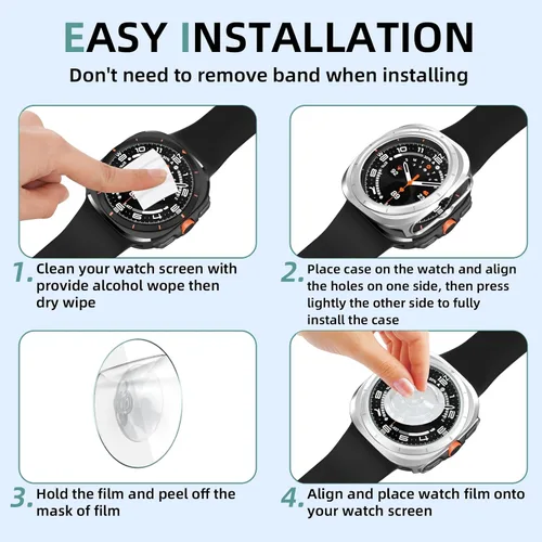 Miniatura 8 de Paquete de 2+2 protectores de pantalla para Galaxy Ultra Watch de 1.772 pulgadas, película protectora de vidrio templado HD con funda protectora