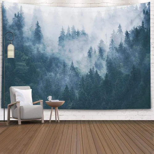 Miniatura 85 de EMMTEEY Tapiz de pared con bosque - Árbol de pino verde y niebla, arte de pared natural, 80x60 pulgadas, tapiz grande de estilo bohemio para sala