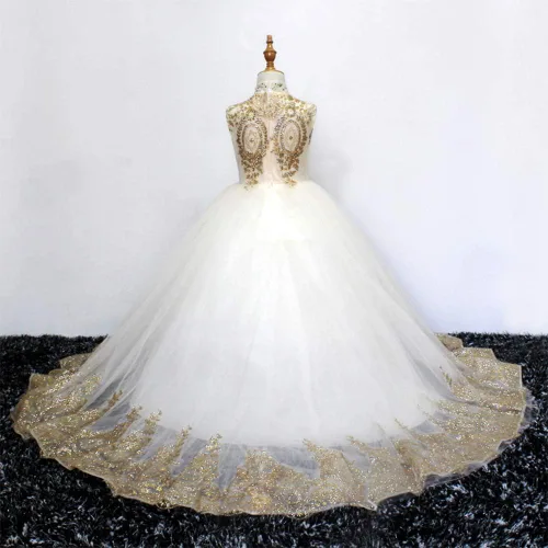 Miniatura 6 de Vestido de fiesta de tul de encaje dorado para niñas, vestido de baile largo hinchado