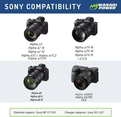 Miniatura 2 de Wasabi Power Batería NP-FZ100 (paquete de 2) y cargador para Sony FX3, a1, a9, a9 II, a7C, a7R III, a7R IV, a7S III, a7 III, a7 IV, a6600