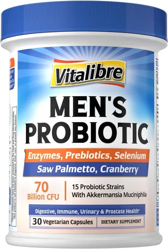 Probióticos para hombres con Akkermansia Muciniphila, prebióticos, selenio, enzimas, palma enana americana, arándano para digestivo, intestino,