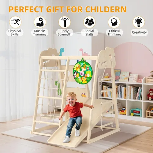 Miniatura 5 de Zona de juegos interior 8 en 1, gimnasio interior de la selva para niños, juguetes de escalada Montessori de madera con anillos, tobogán, escalera