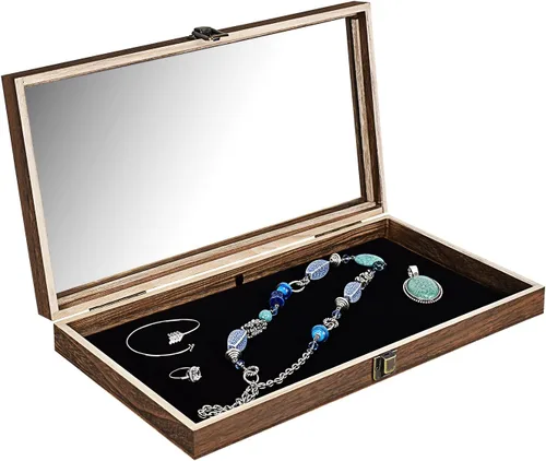 Miniatura 4 de Alhajerocaja para almacenar cuentas con tapa de vidrio templado y terciopelo negro. Caja de muestra de medallas, premios, alhajas y cuchillos.