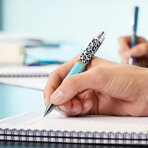 Miniatura 5 de Bolígrafos personalizados con estampado de leopardo negro y azul con punta de lápiz capacitivo, bolígrafos grabados personalizados con nombre