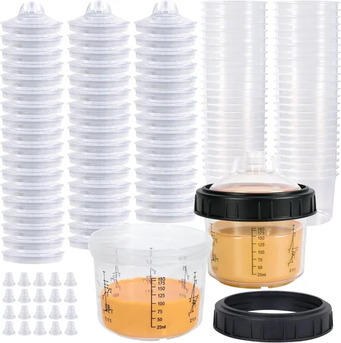 Sistema de vasos de pistola de pintura desechable, kit de tazas mezcladoras de aerosol de pintura HVLP de 6.7 onzas fluidas con 50 revestimientos y