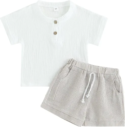 Miniatura 69 de fhutpw Conjunto de 2 piezas de ropa de verano para bebés, camiseta de manga corta, cintura elástica, pantalones cortos para niños pequeños