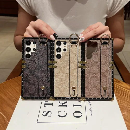 Miniatura 3 de Funda Rectangular de Cuero de Lujo para Teléfono Diseñada para Samsung Galaxy S23 Ultra Funda Linda con Correa de Muñeca Anti Caídas Protectora