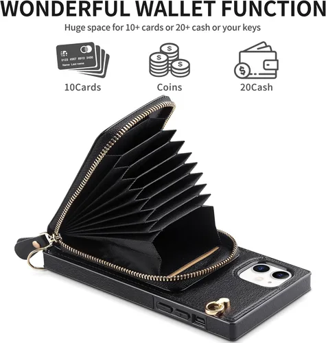 Miniatura 3 de Funda para iPhone 11 con cremallera de cuero con ranuras para tarjetas, funda protectora para teléfono con cordón para mujeres y niñas, a prueba