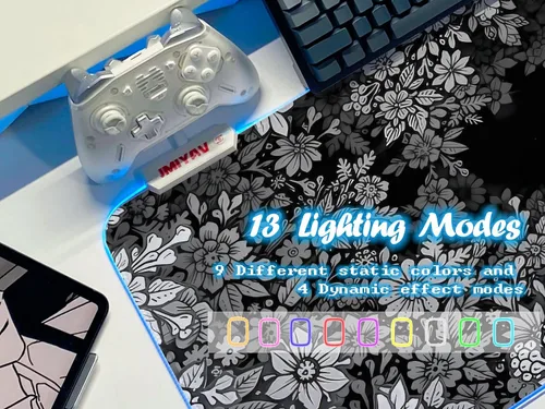 Miniatura 3 de JMIYAV Alfombrilla de mouse para juegos RGB en blanco y negro, 31.5 x 12 pulgadas, PC XL, grande, extendida y brillante, con luz LED, base de goma