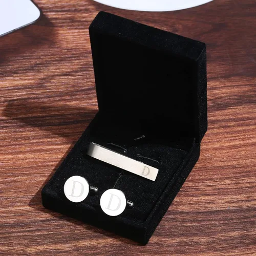 Miniatura 2 de LOYALLOOK - Gemelos de acero inoxidable grabados con inicial y clip de corbata, diseño de letras del alfabeto con caja de regalo, A-Z