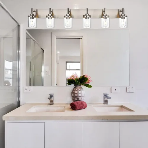 Miniatura 5 de Lámpara de tocador de baño sobre espejo, lámparas de pared de baño negras, iluminación moderna con pantalla de vidrio transparente, aplique de pared