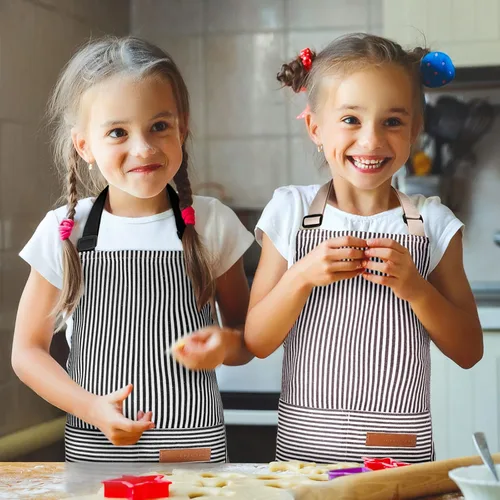 Miniatura 5 de Jiuguva 2 piezas de delantal para niños ajustable de algodón para niños pequeños con rayas de chef con 2 bolsillos para hornear para niños