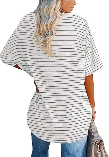 Miniatura 2 de Fisoew - Camisetas de gran tamaño para mujer, holgadas, media manga, cuello redondo, bloque de colores, estilo túnica, de algodón