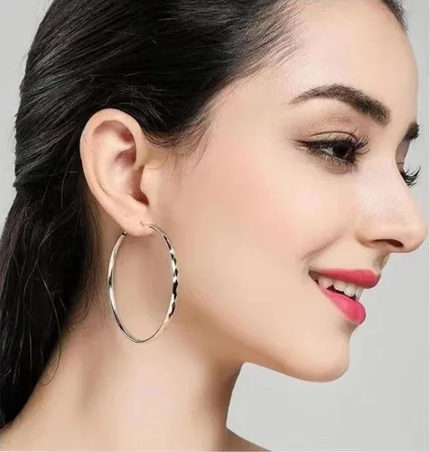 Miniatura 8 de Aretes de aro de plata de ley para mujer, 3 pares de arracadas grandes de plata chapada en oro blanco de 14 quilates, hipoalergénicos, ligeros