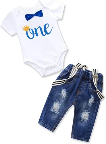 Miniatura 37 de Conjunto de ropa de cumpleaños para bebé niño pequeño, con tirantes, pantalones de mezclilla rasgados