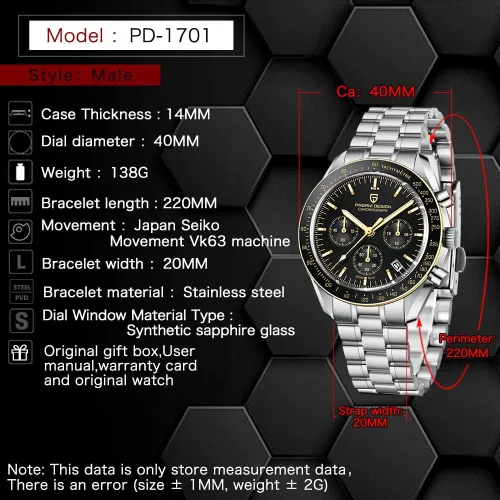 Miniatura 6 de Pagani Design 1701 Reloj de cuarzo para hombre, casual, esfera de acero inoxidable, reloj analógico automático, 328.1 ft, resistente al agua