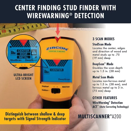 Miniatura 3 de Zircon MultiScanner A200 – Escáner de pared electrónico, detector de pernos y metales con detección de cables de corriente alterna en vivo, puntero
