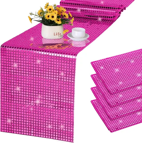 Miniatura 11 de Durony Paquete de 2 caminos de mesa disco de 11 x 108 pulgadas, espejo rosa intenso con laminado de purpurina y lentejuelas brillantes