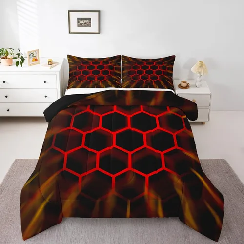Miniatura 17 de Juego de ropa de cama individual de panal para niños y niños, color negro, verde azulado, azul, hexagonal, geométrico, patrón de colmena, edredón