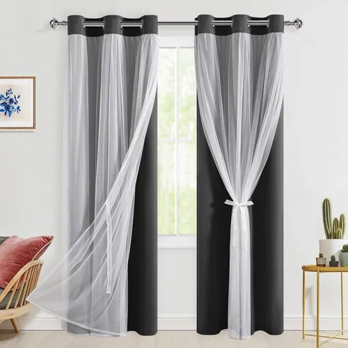 Miniatura 22 de Hiasan Cortinas opacas con superposición transparente, aislamiento térmico para mezclar y combinar de doble capa, cortinas de oscurecimiento de Beige