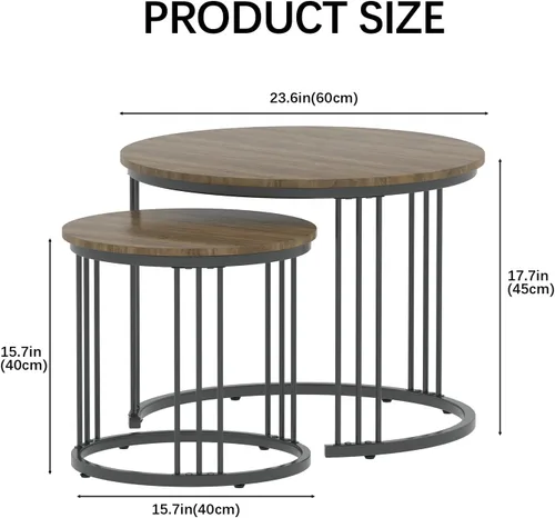 Miniatura 2 de Garden 4 you - Mesa de centro anidada, juego de 2 mesas redondas de 23.6" de centro de madera con marco metálico, mesas de centro para sala de Marrón