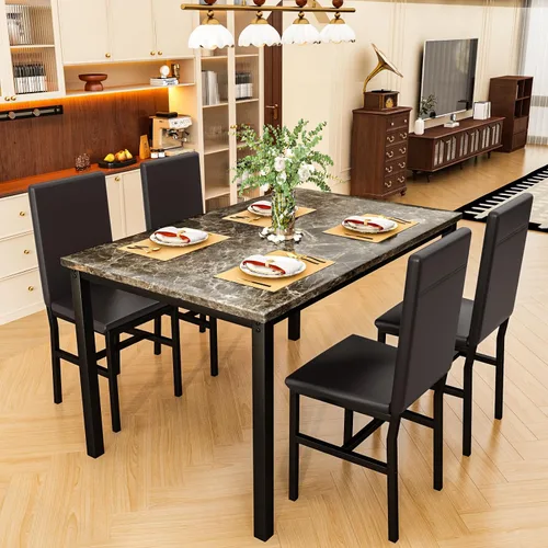 Miniatura 8 de Conjunto de mesa de comedor Lamerge para 4, mesa de mármol sintético y 4 sillas de cuero PU, mesa y sillas de cocina para 4, conjuntos modernos