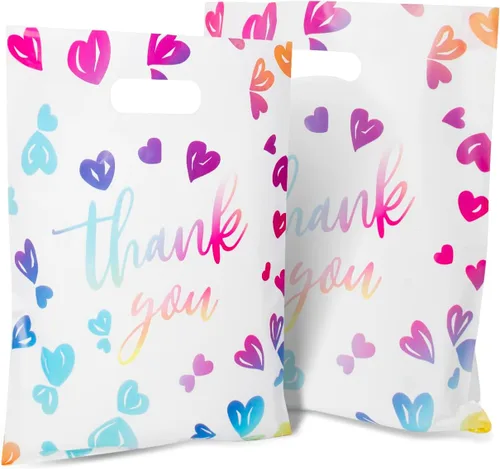 Bolsas de Plástico de Agradecimiento para Negocios Pequeñas, Bolsas de Regalo de Mercancía Boutique de 2.36 Mil (milésimas de pulgada) con Asas para