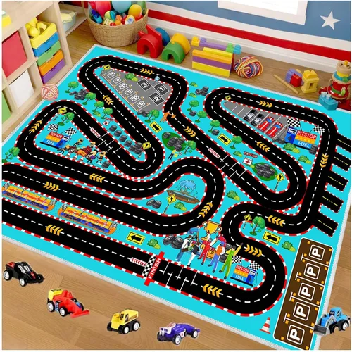 Miniatura 14 de Alfombra de coche para niños para autos de juguete, alfombra de pista de carreras, alfombra de carretera para sala de juegos, aula, habitación