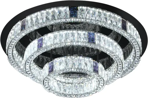 Miniatura 8 de Candelabro de cristal LED moderno de 32 pulgadas para sala de estar, lámpara redonda de cristal de 3 niveles, lámpara de techo de cristal negro
