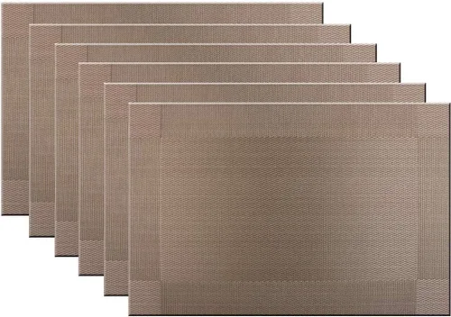 Miniatura 14 de Juego de 6 manteles individuales de plástico lavables para mesa de cocina, resistentes al calor, de vinilo tejido, para exteriores, 12 x 18 Dorado