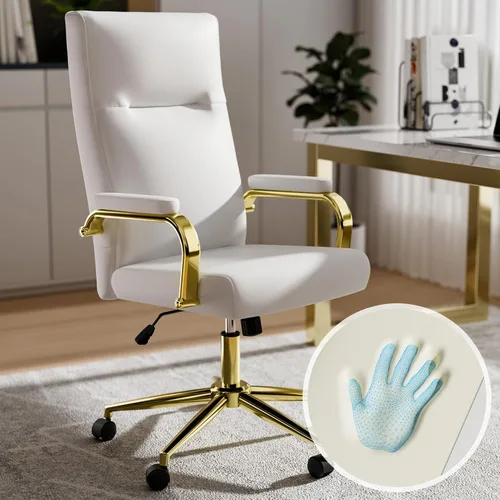 MUZII Silla de oficina blanca con brazos, silla de oficina ejecutiva de respaldo alto grande y alta, silla de escritorio de oficina de piel