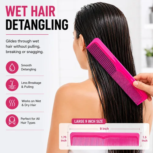 Miniatura 4 de Juego de peines grandes para el cabello (paquete de 6) – Peines de peluquero de dientes gruesos y finos de 9 pulgadas para cabello húmedo, grueso
