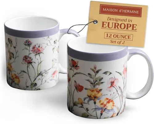 Miniatura 11 de Maison d' Hermine Taza de café con asas, tazas de porcelana fina de hueso, paquete de dos tazas de té para bebidas calientes, capuchino, latte, 015