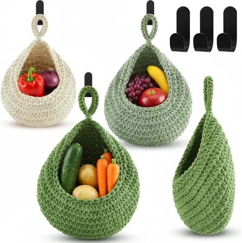 Miniatura 26 de Honeydak Cestas colgantes de pared bohemias para cocina, paquete de 3 cestas de lágrima con ganchos, almacenamiento de frutas, cebollas, verduras