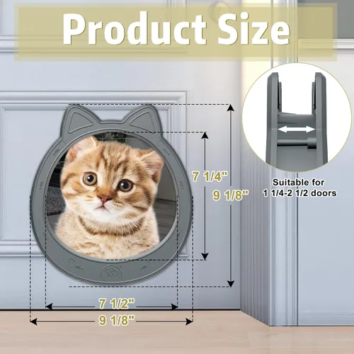 Miniatura 2 de Puerta interior grande para gatos, puerta de gato sin solapa para puerta interior, puerta de mascotas para gatos, fácil instalación, sin Gris