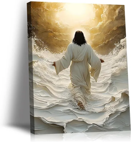 Lienzo enmarcado dorado y blanco de Jesús caminando sobre el agua, arte de pared, póster religioso cristiano, cuadro de pintura de Cristo,