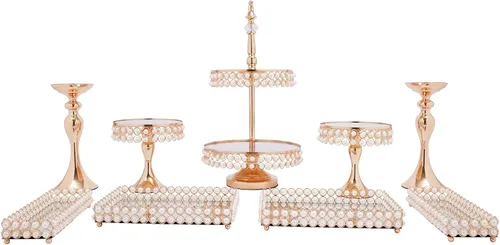 Miniatura 5 de YIYIBYUS Juego de 9 soportes de cristal para tartas, soporte para cupcakes, frutas, dulces, postres con cuentas de cristal para mesa de postre, 9