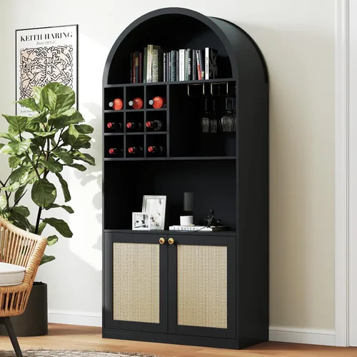Miniatura 3 de COSVALVE Armario de barra arqueado de 71 pulgadas de alto, gabinete de barra de café de mediados de siglo con almacenamiento, gabinetes de licor
