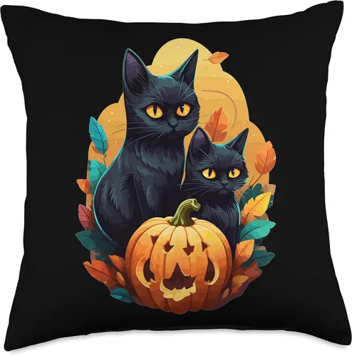 Helloween Cat Costume And Horror Costume Designs Halloween Costume Ladies with Pumpkin and Black Cat Throw Pillow, 18x18, Multicolor