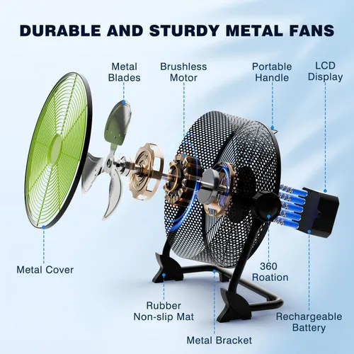 Miniatura 6 de Ventilador de piso recargable portátil de 10 pulgadas, ventilador silencioso de metal con pilas, tiempo de funcionamiento 24 horas, 12 velocidades