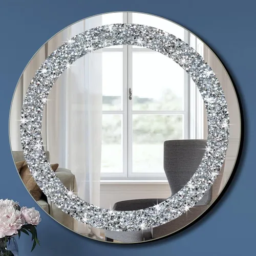 Espejo Redondo Plateado Brillante Crystal Crush con Diamantes para Decoración de Pared 20x20x1 pulgadas para Colgar en Pared sin Marco Bling