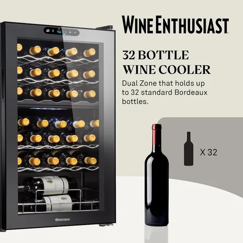 Miniatura 2 de Wine Enthusiast Enfriador de vino con compresor MAX de doble zona de 32 botellas, mini refrigerador independiente con pantalla táctil digital